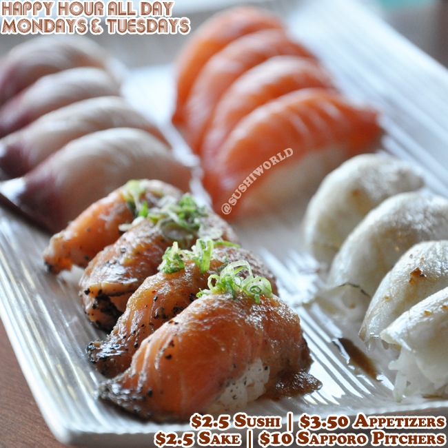 Best Orange County OC Happy Hour Sushi World Deal Cypress Peppered Salmon Escolar Salmon Yellowtail