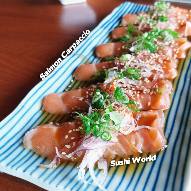 Salmon Carpaccio Red Onions Ponzu Sesame Oil Orange County OC Sushi World