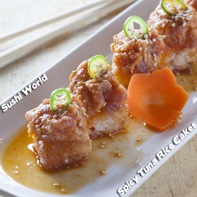 Spicy Tuna Rice Cakes Happy Hour All Day Mondays Tuesdays Orange County OC Sushi World