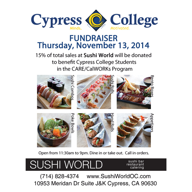 Cypress College Fundraiser Sushi World 15% of Sales Donated Community Give Back