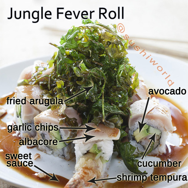 Jungle Fever Roll Breakdown Albacore Shrimp Tempura Fried Arugula Garlic Chips Orange County OC Cypress Sushi World