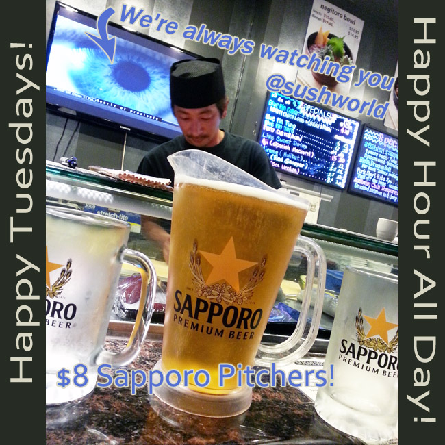 Orange County Happy Hour All Day Tuesdays Sapporo Pitchers Sushi Appetizers OC Sushi World
