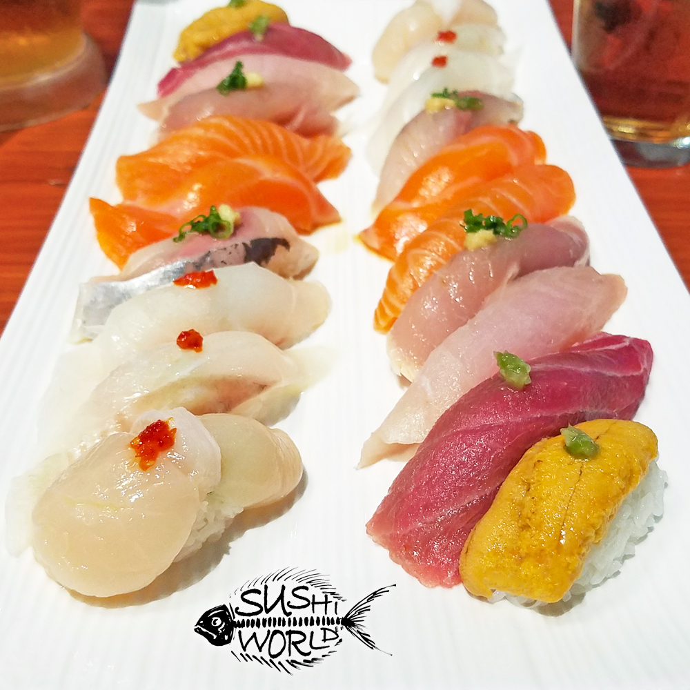 Sushi Lineup Jumbo Scallops Uni Bluefin Tuna Yellowtail Albacore Red Snapper Mackerel Orange County OC Sushi World