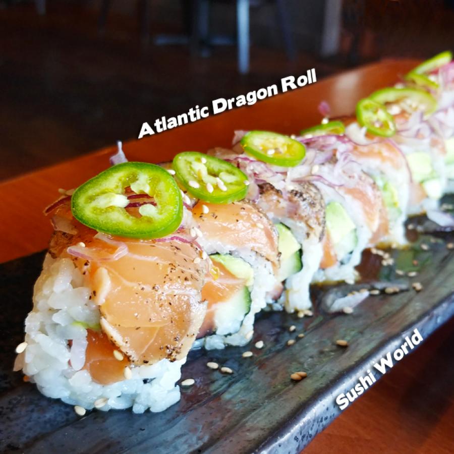 Atlantic Dragon Roll Peppered Salmon Serrano Pepper Ponzu Sauce Orange County OC Sushi World Atlantic Dragon Roll Peppered Salmon Serrano Pepper Ponzu Sauce Orange County OC Sushi World