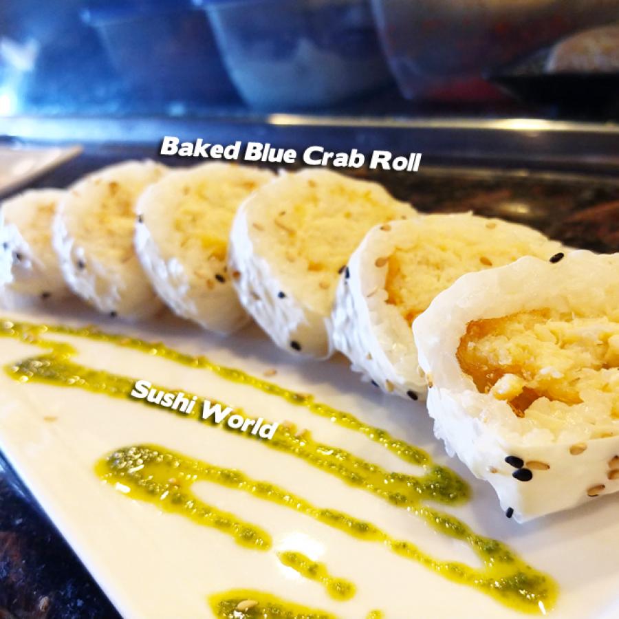 Baked Blue Crab Roll Garlic Aioli Soy Paper Orange County Sushi World OC Baked Blue Crab Roll Garlic Aioli Soy Paper Orange County Sushi World OC