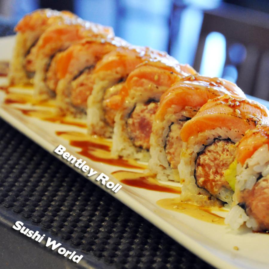 Bentley Roll Spicy Tuna Seared Salmon Cucumber Sesame Dressing Sweet Sauce Sushi Roll Breakdown Orange County OC Sushi World Bentley Roll Spicy Tuna Seared Salmon Cucumber Sesame Dressing Sweet Sauce Sushi Roll Breakdown Orange County OC Sushi World