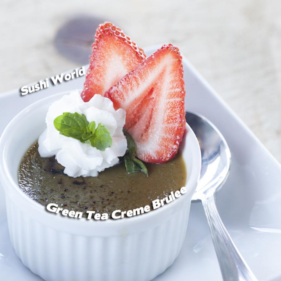Green Tea Creme Brulee Hard Top Crack Strawberry Slices Orange County OC Sushi World Green Tea Creme Brulee Hard Top Crack Strawberry Slices Orange County OC Sushi World
