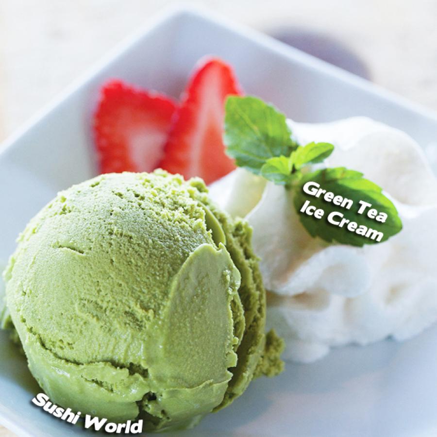 Green Tea Ice Cream Sushi World OC Orange County Dessert Whipped Cream Strawberry Slices Green Tea Ice Cream Sushi World OC Orange County Dessert Whipped Cream Strawberry Slices