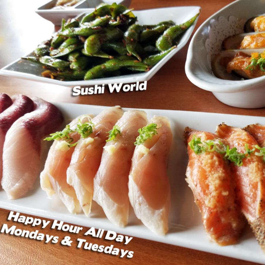 Albacore Peppered Salmon Yellowtail Garlic Edamame Baked Mussels Best Happy Hour Orange County OC Sushi World Albacore Peppered Salmon Yellowtail Garlic Edamame Baked Mussels Best Happy Hour Orange County OC Sushi World