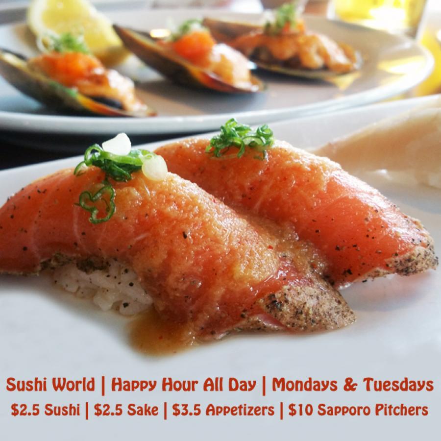 Peppered Salmon Baked Mussels Happy Hour All Day Mondays Tuesdays Sushi World Peppered Salmon Baked Mussels Happy Hour All Day Mondays Tuesdays Sushi World