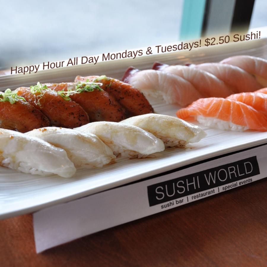 Happy Hour All Day Mondays Tuesdays Sushi World OC Orange County Best Salmon Peppered Escolar Yellowtail Happy Hour All Day Mondays Tuesdays Sushi World OC Orange County Best Salmon Peppered Escolar Yellowtail