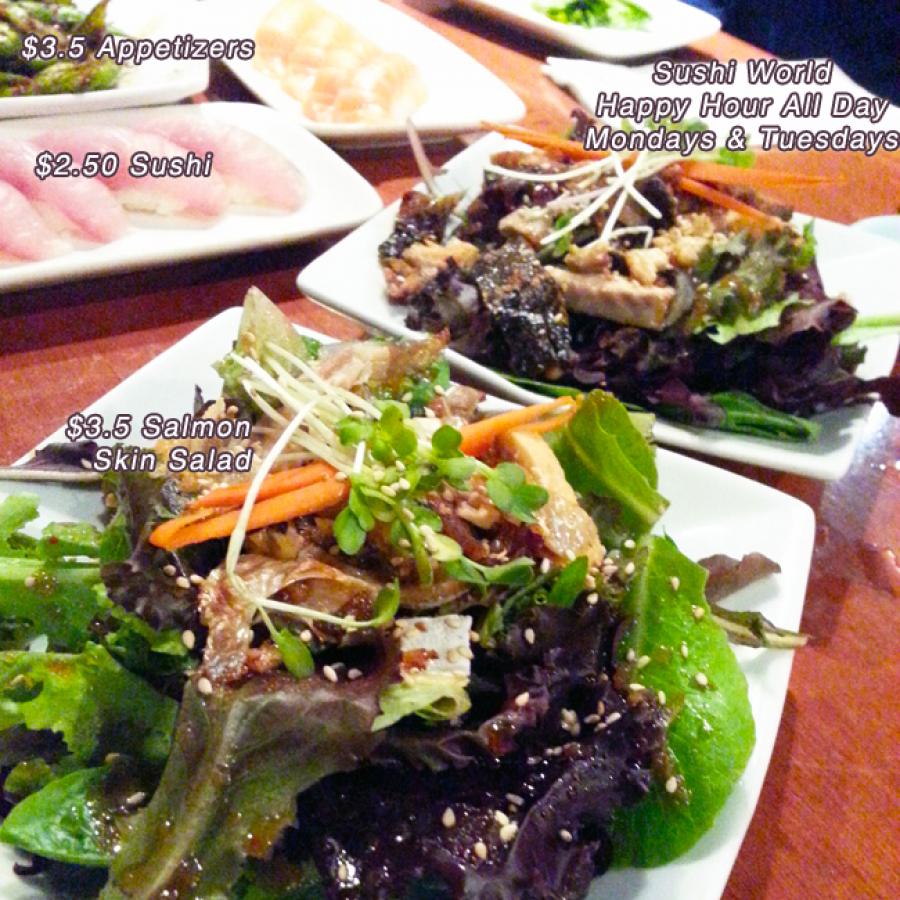 Salmon Skin Salad Sushi Appetizers Orange County Best Happy Hour OC Sushi World Salmon Skin Salad Sushi Appetizers Orange County Best Happy Hour OC Sushi World