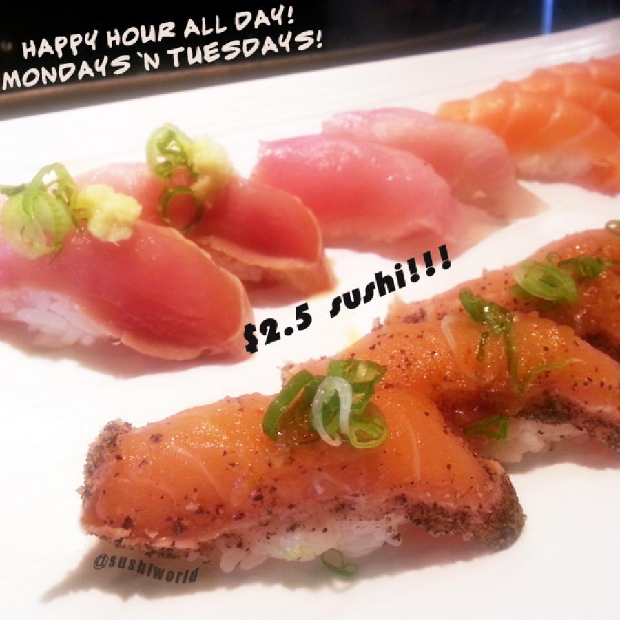 Best Happy Hour in Orange County Sushi World Peppered Salmon Salmon Yellowtail Best Happy Hour in Orange County Sushi World Peppered Salmon Salmon Yellowtail