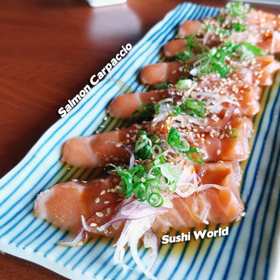 Salmon Carpaccio Red Onions Ponzu Sesame Oil Orange County OC Sushi World Salmon Carpaccio Red Onions Ponzu Sesame Oil Orange County OC Sushi World