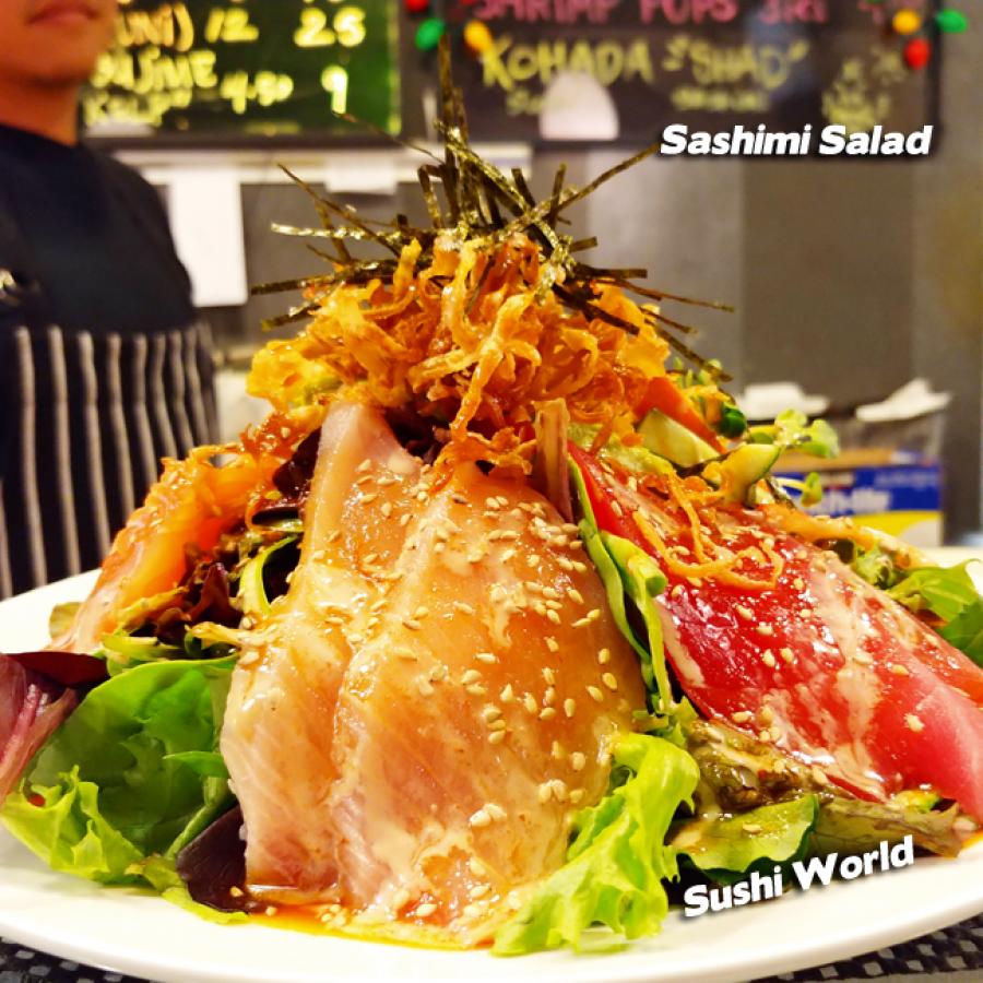 Sashimi Salad Albacore Tuna Salmon Greens Cucumbers Avocado Poke Dressing Orange County OC Sushi World Sashimi Salad Albacore Tuna Salmon Greens Cucumbers Avocado Poke Dressing Orange County OC Sushi World