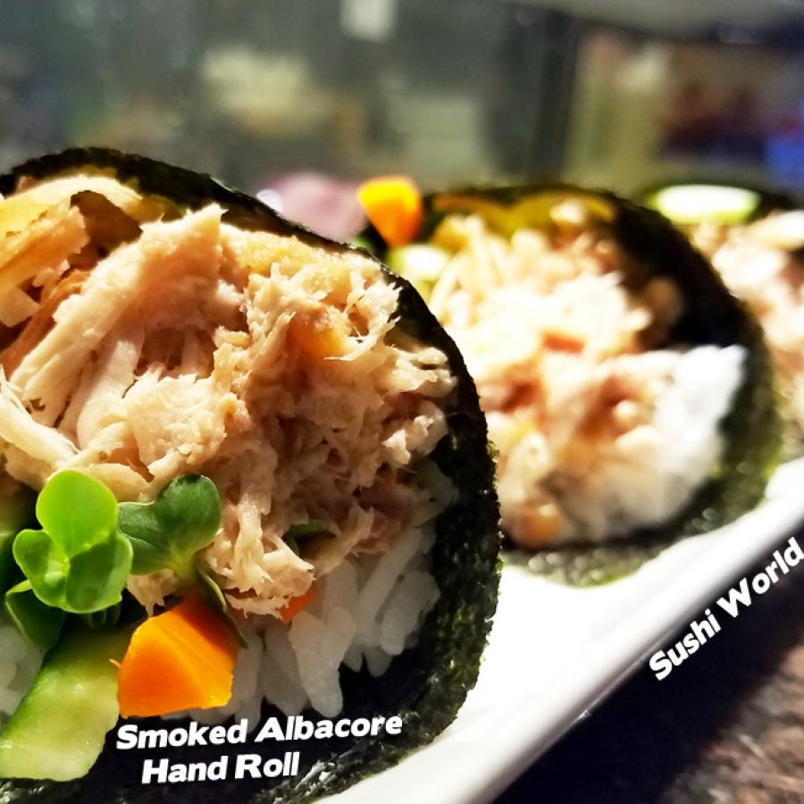 Smoked Albacore Hand Roll Handroll Best Happy Hour Sushi World OC Orange County Smoked Albacore Hand Roll Handroll Best Happy Hour Sushi World OC Orange County