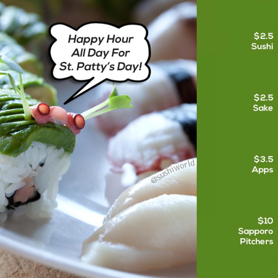 Happy Hour All Day St Patrick's Day Sushi World Orange County OC Caterpillar Roll Happy Hour All Day St Patrick's Day Sushi World Orange County OC Caterpillar Roll