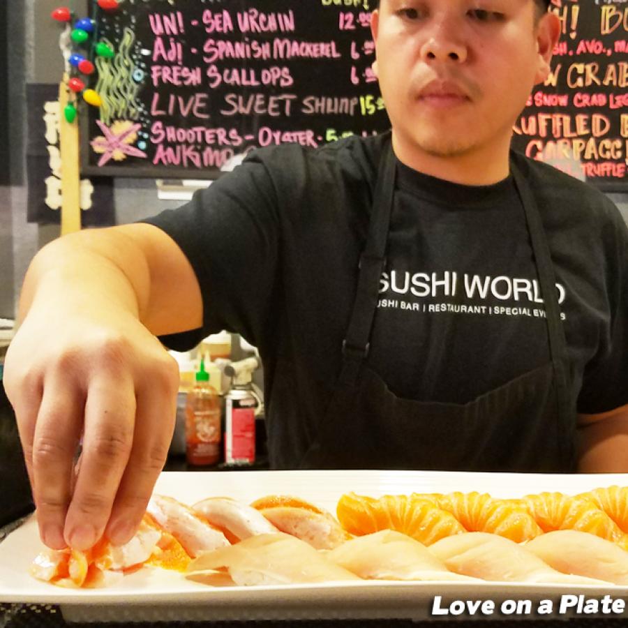 Orange County Sushi Chef Love Plate Cherry Salmon Albacore OC Sushi World Orange County Sushi Chef Love Plate Cherry Salmon Albacore OC Sushi World