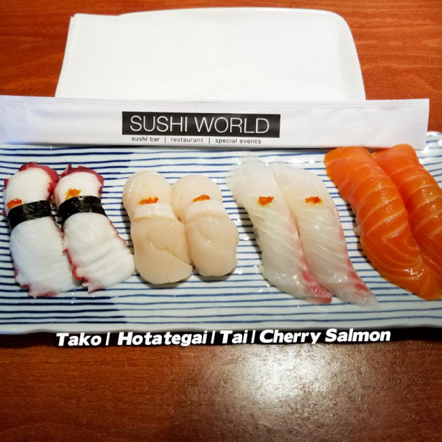 Japanese Tapas Tako Octopus Jumbo Scallops Hotategai Red Snapper Tai Cherry Salmon Sushi World Orange County OC Japanese Tapas Tako Octopus Jumbo Scallops Hotategai Red Snapper Tai Cherry Salmon Sushi World Orange County OC
