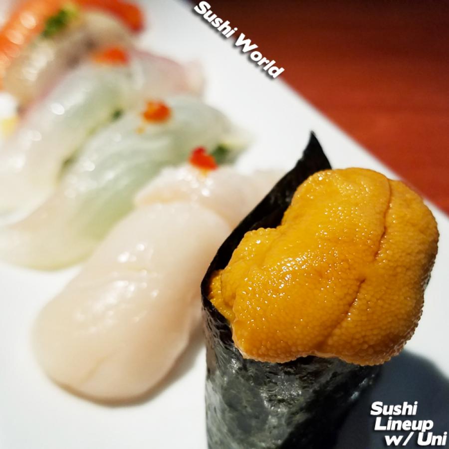 Uni Sushi Lineup Jumbo Scallop Red Snapper Mackerel Salmon Orange County Sushi World OC Uni Sushi Lineup Jumbo Scallop Red Snapper Mackerel Salmon Orange County Sushi World OC