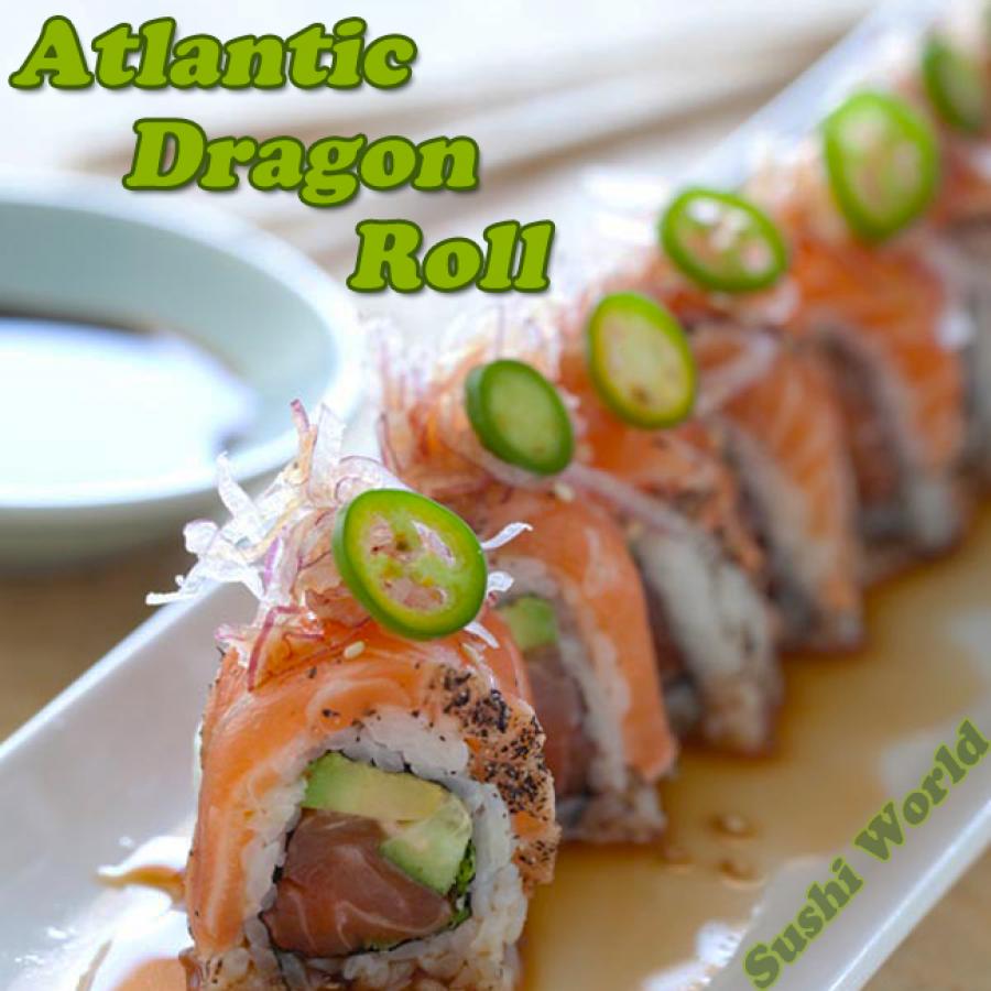 Atlantic Dragon Roll Peppered Salmon Serrano Pepper Ponzu Cypress Orange County OC Sushi World Atlantic Dragon Roll Peppered Salmon Serrano Pepper Ponzu Cypress Orange County OC Sushi World