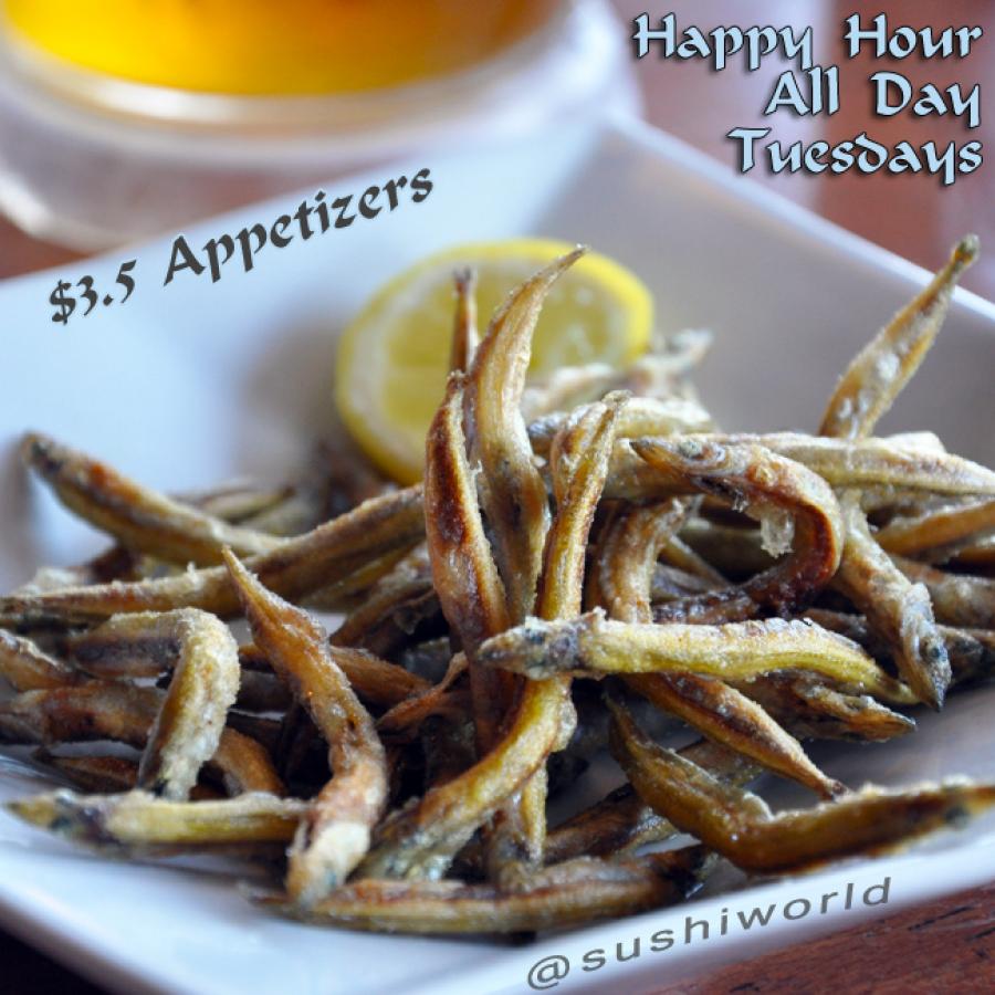 Fried Sand Lance Ikanago Karaage Appetizers Happy Hour All Day Tuesdays Best in OC Sushi World Orange County Fried Sand Lance Ikanago Karaage Appetizers Happy Hour All Day Tuesdays Best in OC Sushi World Orange County