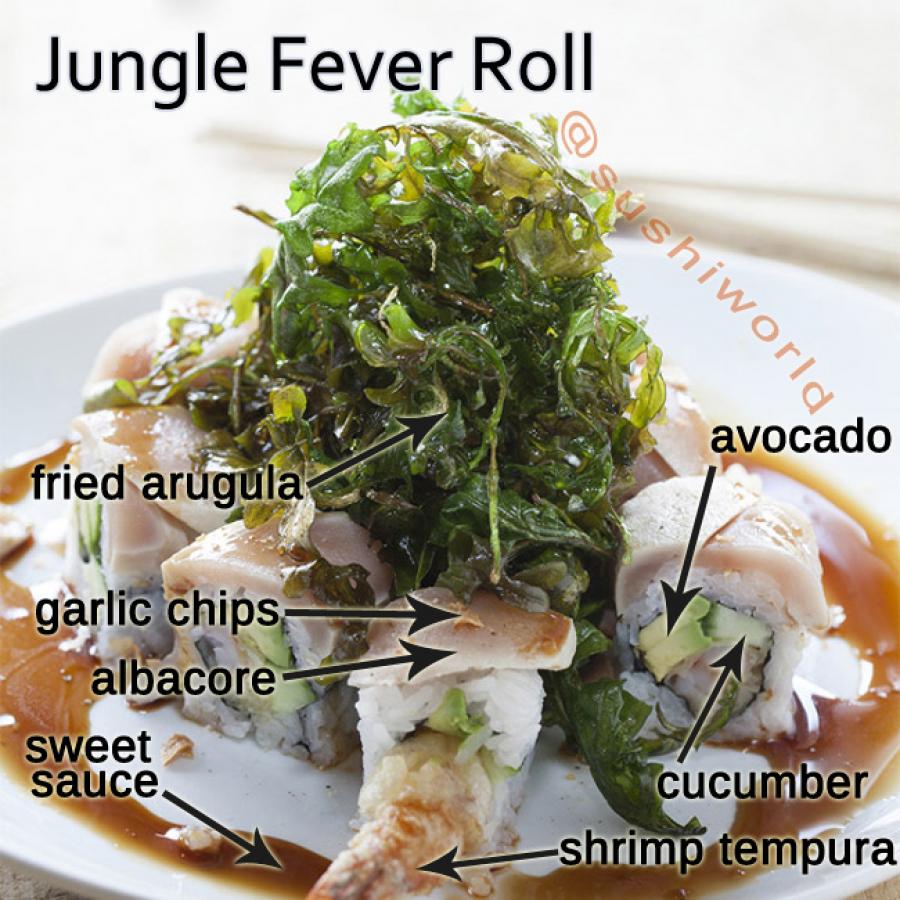 Jungle Fever Roll Breakdown Albacore Shrimp Tempura Fried Arugula Garlic Chips Orange County OC Cypress Sushi World Jungle Fever Roll Breakdown Albacore Shrimp Tempura Fried Arugula Garlic Chips Orange County OC Cypress Sushi World