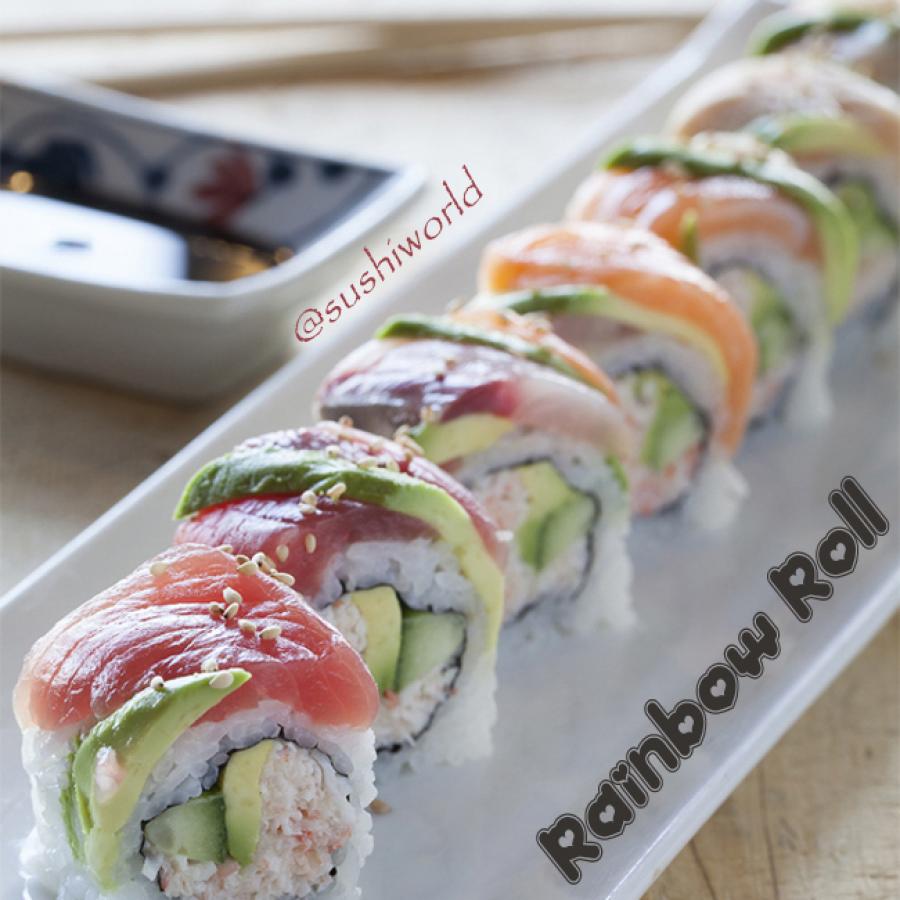 Rainbow Roll Tuna Salmon Yellowtail Red Snapper Shrimp Avocado Sushi World Orange County OC Rainbow Roll Tuna Salmon Yellowtail Red Snapper Shrimp Avocado Sushi World Orange County OC