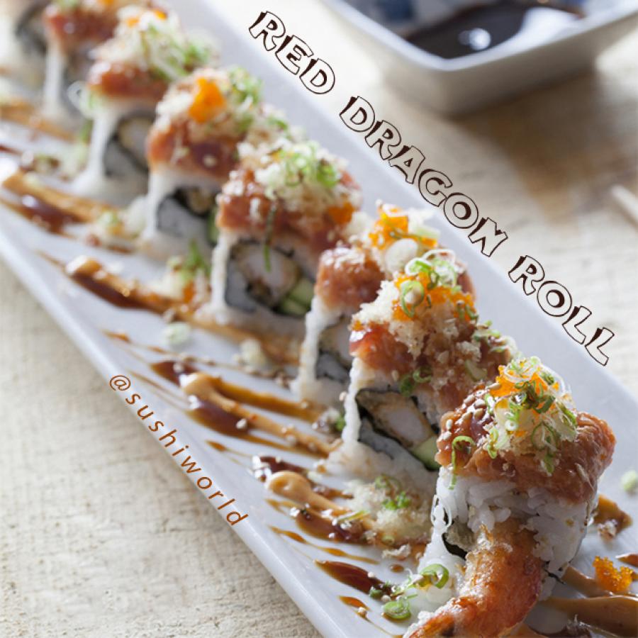 Red Dragon Roll Shrimp Tempura Spicy Tuna Masago Green Onions Spicy Mayo Orange County Sushi World OC Red Dragon Roll Shrimp Tempura Spicy Tuna Masago Green Onions Spicy Mayo Orange County Sushi World OC