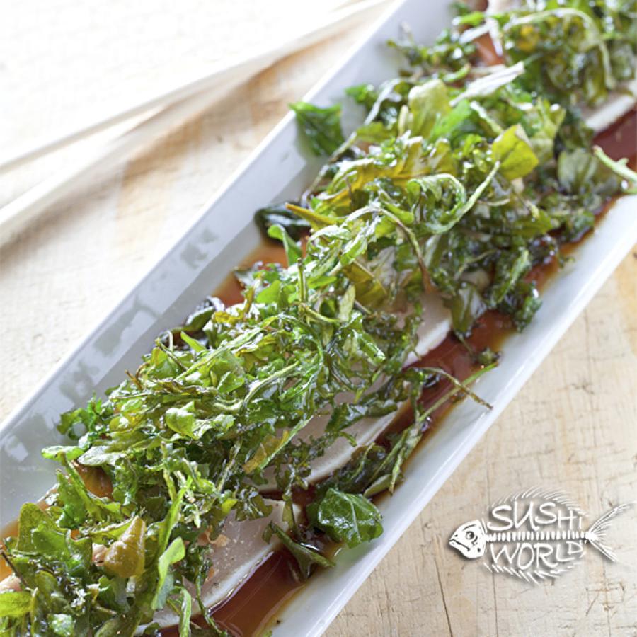 Albacore Carpaccio Ponzu Sauce Garlic Chips Fried Arugula Cypress Orange County OC Sushi World Albacore Carpaccio Ponzu Sauce Garlic Chips Fried Arugula Cypress Orange County OC Sushi World