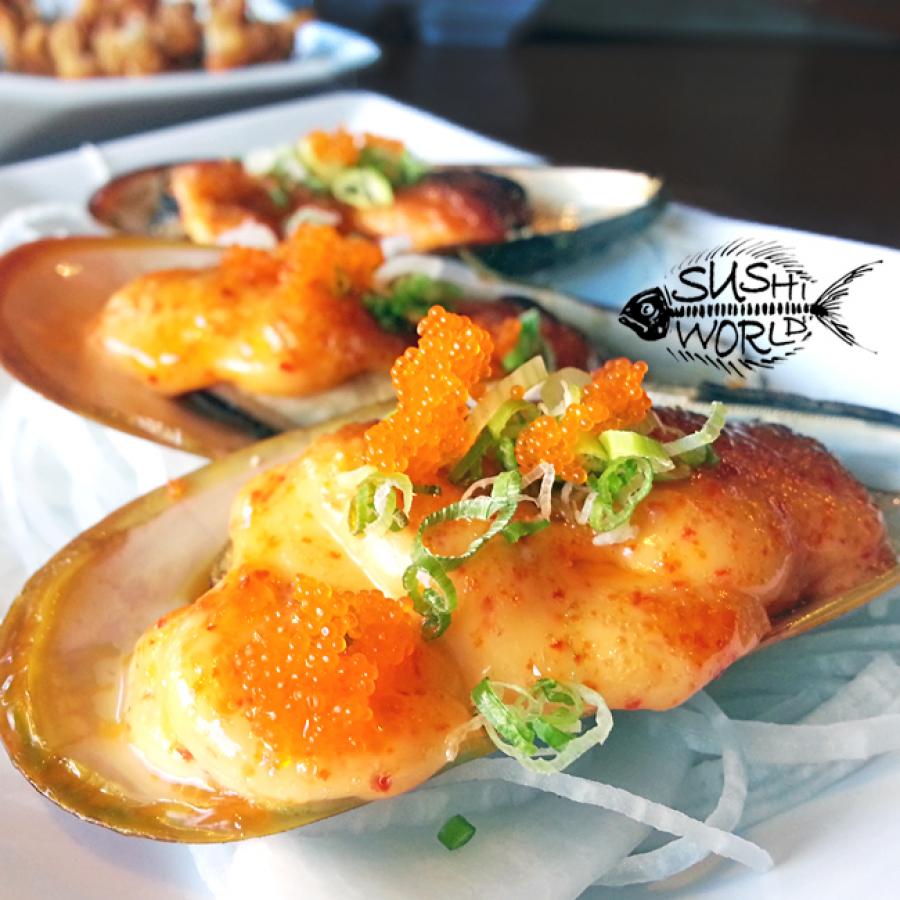 Appetizers Baked Mussels Orange County OC Sushi World Mayo Masago Green Onions Appetizers Baked Mussels Orange County OC Sushi World Mayo Masago Green Onions