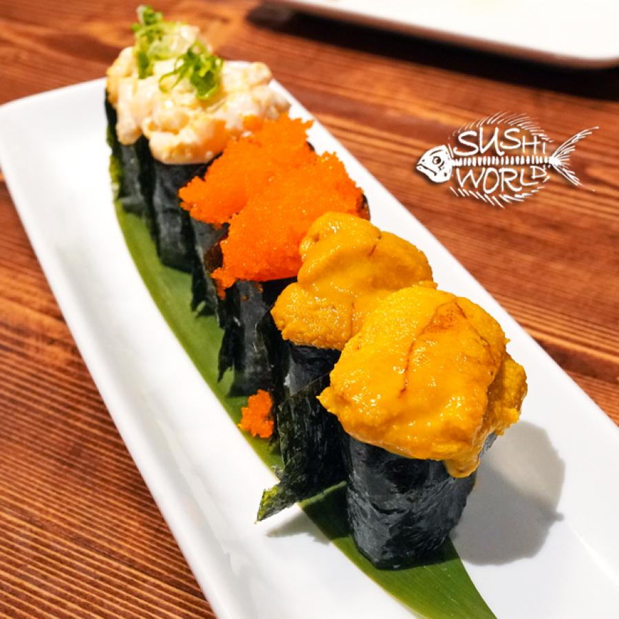 Gunkan Maki Uni Masago Spicy Scallops Seaweed Nori Rice Orange County Sushi World OC Gunkan Maki Uni Masago Spicy Scallops Seaweed Nori Rice Orange County Sushi World OC