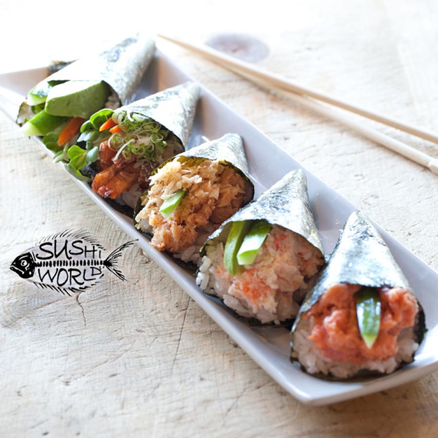 Hand Roll Smoked Albacore Spicy Tuna Blue Crab Salmon Skin Cypress Orange County OC Sushi World Hand Roll Smoked Albacore Spicy Tuna Blue Crab Salmon Skin Cypress Orange County OC Sushi World