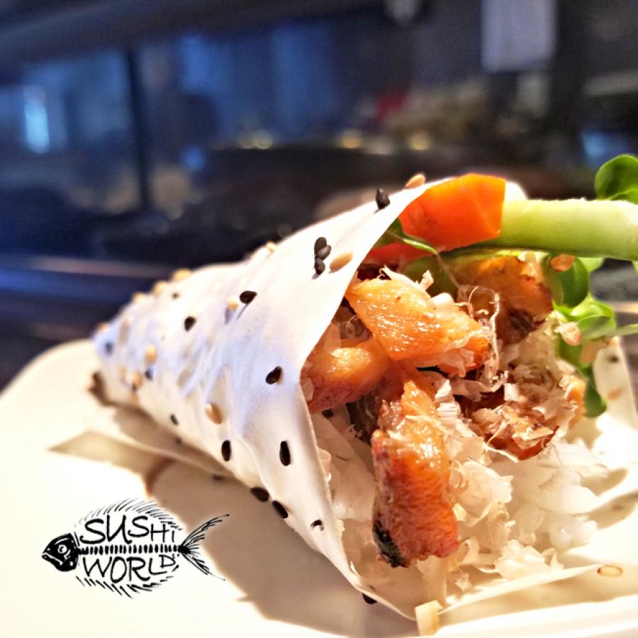 Salmon Skin Hand Roll Sesame Wrapper Paper Happy Hour All Day Orange County OC Sushi World Salmon Skin Hand Roll Sesame Wrapper Paper Happy Hour All Day Orange County OC Sushi World
