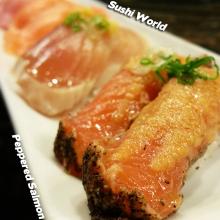 Peppered Salmon Albacore Yellowtail Orange County Sushi World OC Best Happy Hour