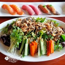 Orange County Best Happy Hour OC Peppered Salmon Salmon Skin Salad Yellowtail Sushi World