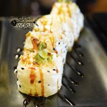 Snowman Roll Sweet Sauce Soy Paper Snow Crab Shrimp Tempura Sushi Roll Orange County OC Sushi World